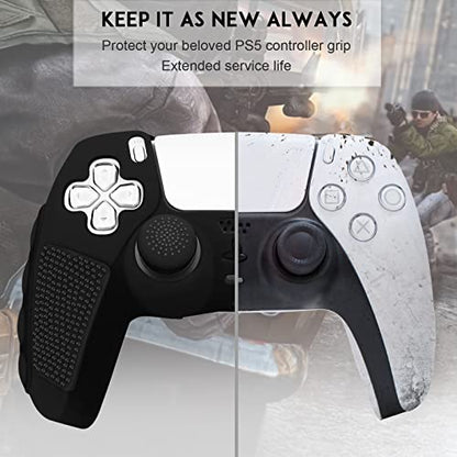 SIKEMAY Anti-Slip PS5 Controller Skin, Soft Thicken Non-Slip Studded Silicone Gel Grip Protective Cover Case for PlayStation 5 Controller Grip, 2 Pack with 8 x Thumb Grip Caps - color: Black