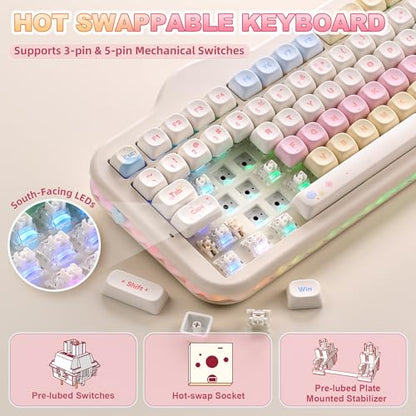 YUNZII C98 Wireless Mechanical Keyboard with Number Pad,99 Key BT5.0/2.4G/USB-C Hot Swap Gasket Mount with PBT MOA Keycaps,Custom RGB,Cute Cake Keyboard for Win/Mac (Beige, Milk V2 Linear Switch) - color: Beige, size: Milk V2 Linear Switch