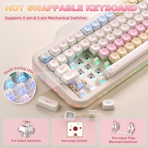 YUNZII C98 Wireless Mechanical Keyboard with Number Pad,99 Key BT5.0/2.4G/USB-C Hot Swap Gasket Mount with PBT MOA Keycaps,Custom RGB,Cute Cake Keyboard for Win/Mac (Beige, Milk V2 Linear Switch) - color: Beige, size: Milk V2 Linear Switch