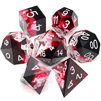 Haxtec Sharp Edge DND Dice Set Red Blood Swirls Resin Dice D&D Dice with Dice Case for RPG Role Playing Games Compatible with Dungeons and Dragons Gift-White Ink - color: Black Red