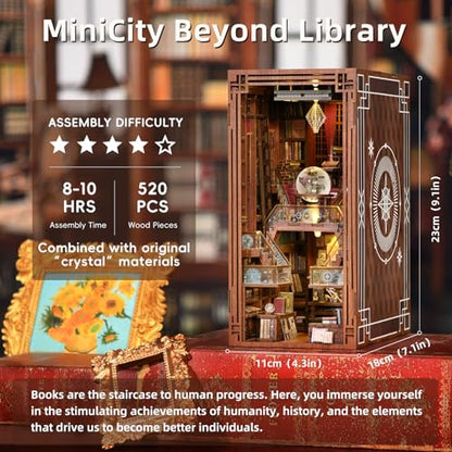 MiniCity Beyond Library Book Nook Kit, DIY Wooden Bookshelf Model with LED | Create a private library for display; LED, dust cover, glue/tools and guide included; 520 pieces, 8-10 hr build, ages 14+. - style: Beyond Library