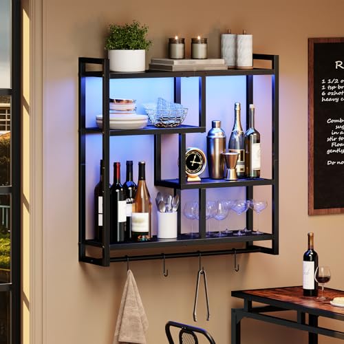 HOOBRO Gaming Floating Shelves with LED Lights, 28.7" LED Wall Mounted Shelf, 4-Tier Floating Wall Shelf for Storage, Display Rack with Hanging Bar and 4 S Hooks, for Gaming Room, Black BB37DBJ01 - color: Black