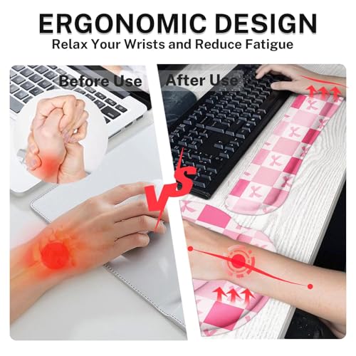 Arttown Keyboard Mouse Pad Set, 4 in 1 Desk Mat Set Kawaii Cute | Pink Checkered Bow Large Mousepad+Keyboard Wrist Rest+Mouse Wrist Rest+Coaster Ergonomic Design for Home Office Computer - color: Pink bow lattice