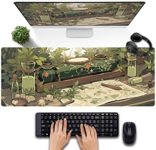 Cute Green Plants Desk Mat Anime Sage Mouse Pad Gaming Desk Pad XL, Kawaii Aesthetic Laptop Computer Keyboard and Mouse Mat, Desktop Decor Accessories Mousepad for Girl Women Office 31.5"x11.8" - color: Green Sage