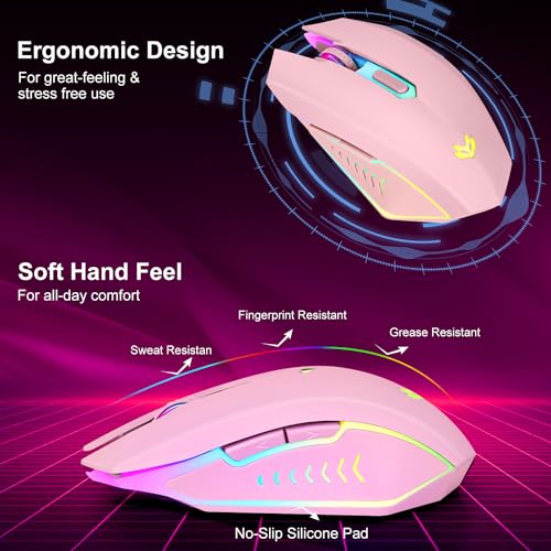 Wireless Gaming Mouse, Rechargeable Computer Mouse, 7-Color LED Light, Ergonomic Mouse with 6 Silent Click Buttons, 3 Adjustable 2400 DPI Wireless Mouse for Laptop,PC,Mac, Pink - color: Pink