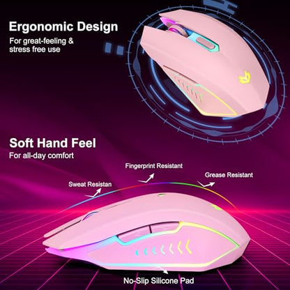 Wireless Gaming Mouse, Rechargeable Computer Mouse, 7-Color LED Light, Ergonomic Mouse with 6 Silent Click Buttons, 3 Adjustable 2400 DPI Wireless Mouse for Laptop,PC,Mac, Pink - color: Pink