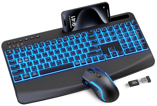 SABLUTE Wireless Keyboard and Mouse Combo, Rechargeable 4000mAh Light up Quiet Keyboard with Wrist Rest & Phone Holder, Ergonomic Silent Typing for PC/Mac/Laptop/Windows/Chrome OS - color: Black A