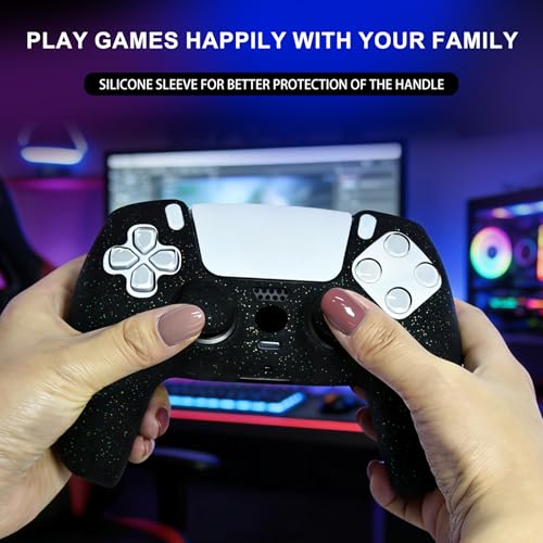 Black Glitter Silicone Protective Case for PS5 Controller, Sparkly Bling Soft Cover Skins, Includes 8-in-1 Glitter Thumb Grip Caps + 2 Cat Paw Caps – Shockproof Dustproof Anti-Slip - color: Black