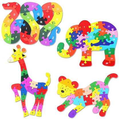 Yunsailing 4 Pcs Alphabet Jigsaw Puzzle Wooden Blocks Toys Alphabet Educational Toddler Puzzle Toys for Preschool Learning Party Favor Gift Learning(Giraffe, Snake, Elephant, Leopard) - style: Giraffe, Snake, Elephant, Leopard