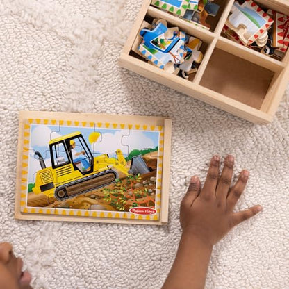 Melissa & Doug 4‑in‑1 Wooden Construction Vehicles Jigsaw Puzzle Set, 48 Pieces with Storage Box, Toddler Puzzle Toy for Kids Ages 3+ - FSC Certified - style: Construction