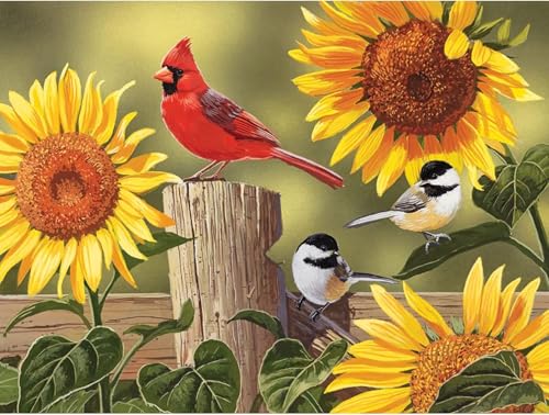 Bits and Pieces – 100 Piece Jigsaw Puzzle for Adults – Sunflower & Songbirds - Cardinals Jigsaw Puzzle by William Vanderdasson, Completed Puzzle Size: 15" x 19" - size: 100 Piece Puzzle