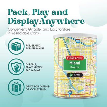Geotoys Miami Mini City Puzzle - 100 Piece Puzzles for Kids and Adults in Portable Can, 13" x 10" Educational Travel Puzzle for Ages 7 and Up - Mini Puzzles to Learn & Explore Geography - style: Miami