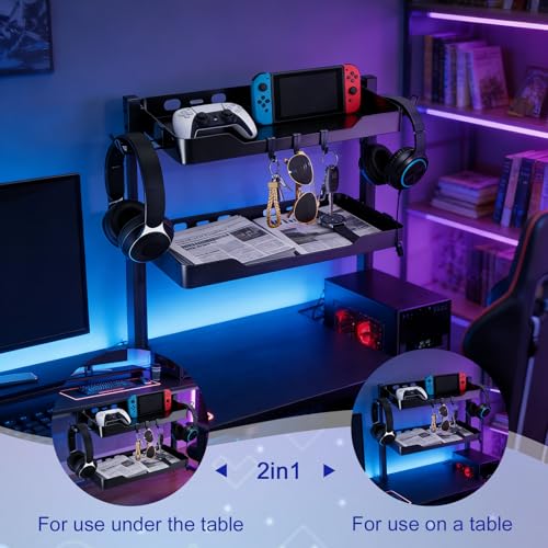 2-Tier Clamp on Desk Shelf, Dual-purpose Desk Organizer (Used on or Under Desk Storage), Desk Shelf Clamp with Hooks and High Load-bearing capacity, Suitable for Office Desk, Gaming Accessories
