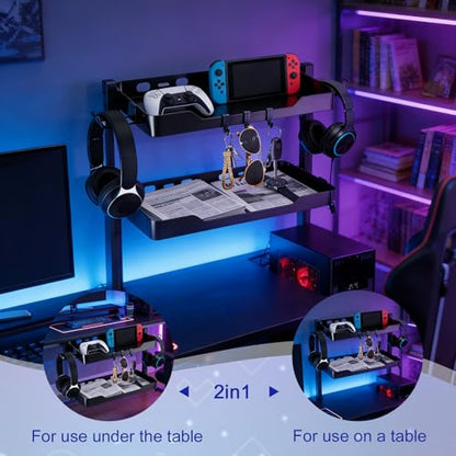 2-Tier Clamp on Desk Shelf, Dual-purpose Desk Organizer (Used on or Under Desk Storage), Desk Shelf Clamp with Hooks and High Load-bearing capacity, Suitable for Office Desk, Gaming Accessories