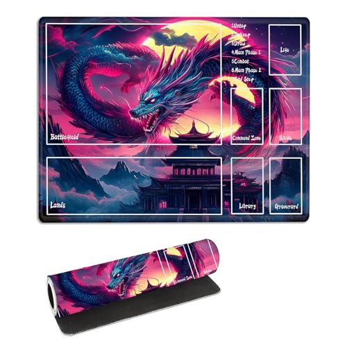 for MTG Playmat with Zones Storage Bag, for TCG Playmat and Playing Card Mat for Magic Board Games, Glowing Dragon Non-Slip Stitched Edges Game Mat, Rollable Foldable Card Play mats - color: Glowing Dragon, size: With Zone 17.32''x13.78''