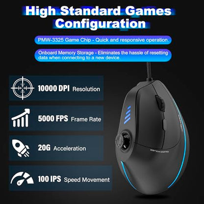 TRELC Wired Gaming Mouse with 5 D Rocker, 10000 DPI/11 Programmable Buttons, Vertical Ergonomic Mouse with On-Board Memory, Optical Computer Mice for PC/Laptop/E-Sports/Gamer - color: Wired, 10000 DPI