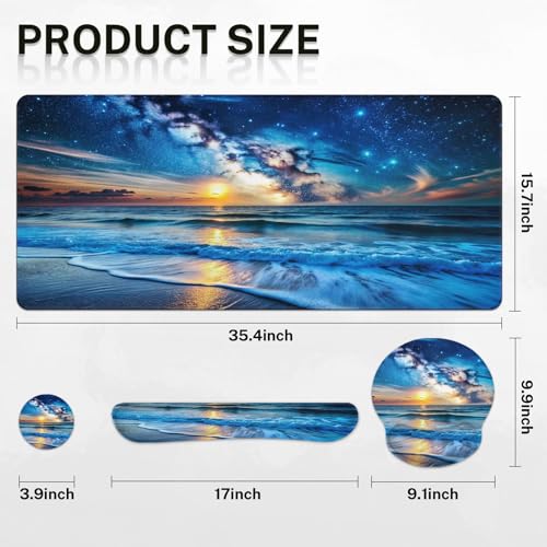 Britimes Blue Sea and Starry Sky Keyboard Mouse Pad Set 4in1 Large Mousepad+Keyboard Wrist Rest+Mouse Wrist Rest+Coaster Set with Ergonomic Design for Home Office Computer 35.4x15.7 inches - color: Blue Sea and Starry Sky