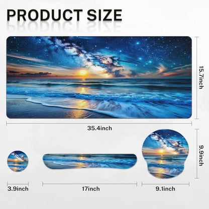 Britimes Blue Sea and Starry Sky Keyboard Mouse Pad Set 4in1 Large Mousepad+Keyboard Wrist Rest+Mouse Wrist Rest+Coaster Set with Ergonomic Design for Home Office Computer 35.4x15.7 inches - color: Blue Sea and Starry Sky