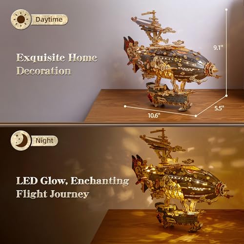 FUNPOLA LED 3D Wood Puzzle Fantasy Airship Model - Steampunk DIY Craft Kit with LED Lights – Intricate Wooden Airship Model Building Set for Adults(Gray) - color: Gray