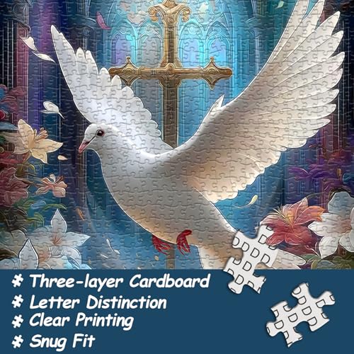 Christian Puzzles for Adults 1000 Pieces, Easter Religious Puzzle with Cross, Bible and White Dove, Catholic Book Floral Bible Jigsaw Puzzle, Faith Bird Religious Wall Decor
