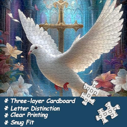Christian Puzzles for Adults 1000 Pieces, Easter Religious Puzzle with Cross, Bible and White Dove, Catholic Book Floral Bible Jigsaw Puzzle, Faith Bird Religious Wall Decor