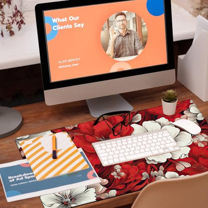 Desk Pad, Red and White Flowers Desk Mat, Retro Red Floral Large Gaming Mouse Pad, 31.5"x15.7" Extended Big Computer Keyboard Mouse Pad with Non-Slip Base and Stitched Edge - color: Red and White Flowers
