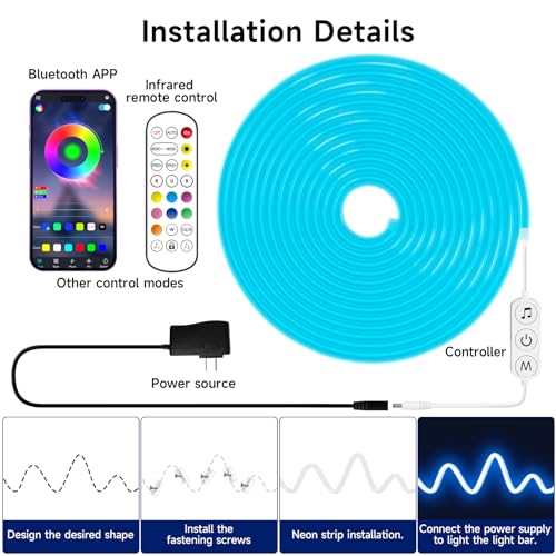 KANTUTOE LED Neon Rope Lights, 19.68ft RGB LED Light Strip, 24V Music Sync App/Remote Control DIY Rope Light, IP67 Waterproof Gaming Neon Strip Lights for Bedroom Indoor Oudoor Décor - size: 19.68ft