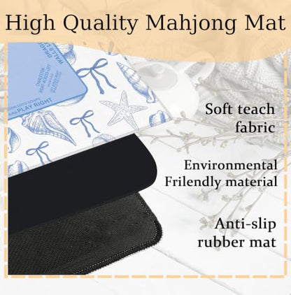 Blue Bow Coastal Beach Mahjong Mat 31.5 x 31.5 Inch, Nautical Starfish Conch Non-Slip Noise Reduction Mahjong Table Mat for American Mah Jong Poker Card Board Games Dominoes - color: Blue Bow Coastal