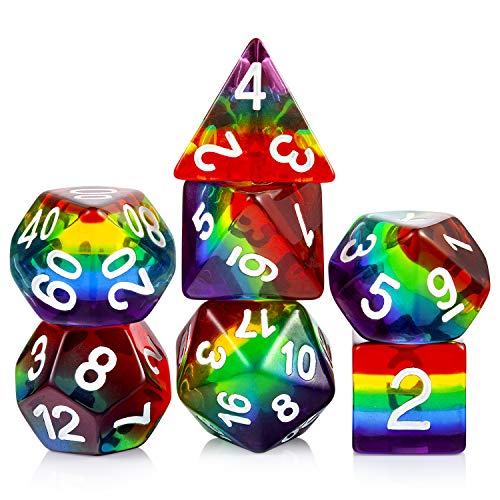 Rainbow DND Dice Set, DNDND Transparent Rainbow Polyhedral Die with Free Organza Bag for D&D Dungeons and Dragons RPGs Role Playing Table Games - color: Rainbow Translucent