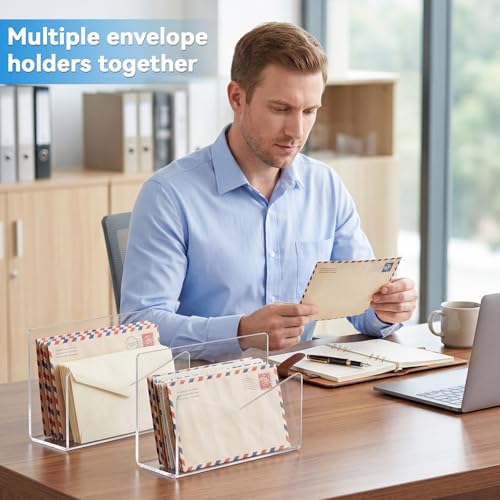 Maitys 3 Pcs Acrylic Mail Letter Organizer Countertop 6 x 2.5 x 4 Inches Clear Mail Postcard Holder Stand Greeting Card Display Rack Document Envelope Home Office School