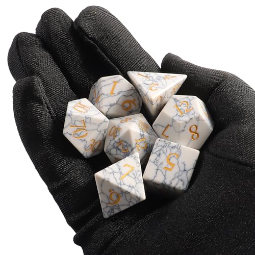 Synthetic Turquoise Marble Dice Set, 7-Piece Polyhedral Dice for Dungeons & Dragons (D&D), Pathfinder, MTG, Tabletop RPG Gaming, Natural Texture Dice with Gold Numbering (White) - color: White