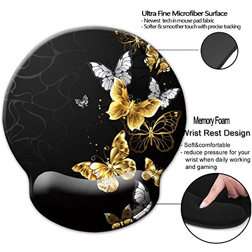 Memory Foam Wrist Support Mouse Pad Comfortable Padded Wrist Mousepads 9in X10in Desktop Notebook Mouse Mat (Silver Golden Butterfly Foam) - color: Silver Golden Butterfly foam