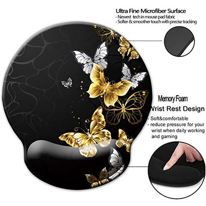 Memory Foam Wrist Support Mouse Pad Comfortable Padded Wrist Mousepads 9in X10in Desktop Notebook Mouse Mat (Silver Golden Butterfly Foam) - color: Silver Golden Butterfly foam