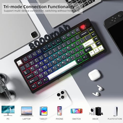 Womier 75% Wireless Mechanical Gaming Keyboard with Knob & Display | Bluetooth 5.0/2.4GHz/USB C Thocky Creamy Keyboard for PC Computer, 8000mAh Battery Hot Swap keyboard for Win/Mac (MT75-Grey) - color: Grey