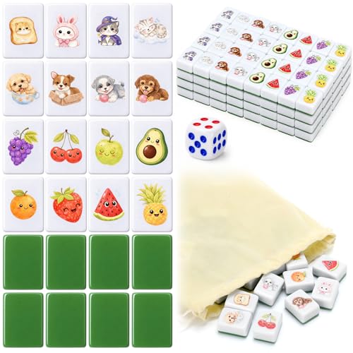 Leitee 2 Players Mahjong Block Set 1.18" Mahjong Tile Game Including 64 Pcs Green Tiles with Animal and Food Pattern Dice Portable Storage Bag Party Activities Supplies