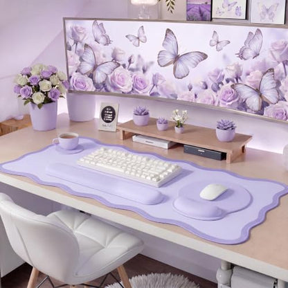 Sabary Scalloped Desk Mat Keyboard Mouse Pad Set Purple 31.5 x 15.7 Inch Preppy Table Mat Keyboard Wrist Rest Cute Aesthetic Mouse Pad with Wrist Rest Coaster Ergonomic Non-slip Waterproof Gaming Desk - color: Purple, size: 31.5 x 15.7 Inch