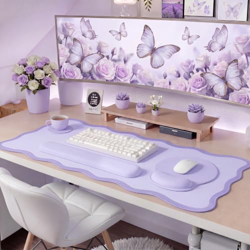 Sabary Scalloped Desk Mat Keyboard Mouse Pad Set Purple Large Cute Aesthetic Preppy Table Mat Keyboard Wrist Rest Mouse Pad with Wrist Rest Coaster Ergonomic Non-Slip Waterproof Gaming Desk - color: Purple, size: 35.5 x 15.7 Inch