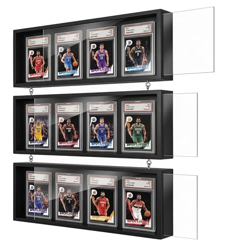 MoKo Card Display Case, 3-Pack Wall Mount for 12 Graded Cards | Clear acrylic and pine trading card display case with side access; use each case alone or combine as a graded card display - color: Black