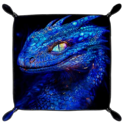 Dragon Dice Tray Folding Square PU Leather Dice Rolling Tray | Portable Dice Trays for Dice Games Like RPG, DND and Other Table Games, Folded 4.5x4.5x1.2inch - color: Blue Dragon