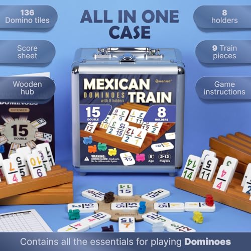 Queensell Mexican Train Dominoes Set Double 15 with Numbers - Dominoes Set for Adults and Family – 136 Tiles, 9 Trains, Wooden Hub, 8 Tile Holders, Aluminum Case (D15 Numbers + 8 Holders) - style: D15 Numbers + 8 Holders