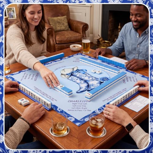Blue American Western Boot Mahjong Mat with Rules 31.5" x 31.5" Non-Slip Noise Reduction Gaming Mat with Carrying Bag American Mahjong Table Cover for Poker Board Card Games Dominoes - style: Blue Cowboy Willow