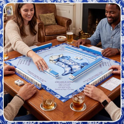 Blue American Western Boot Mahjong Mat with Rules 31.5" x 31.5" Non-Slip Noise Reduction Gaming Mat with Carrying Bag American Mahjong Table Cover for Poker Board Card Games Dominoes - style: Blue Cowboy Willow