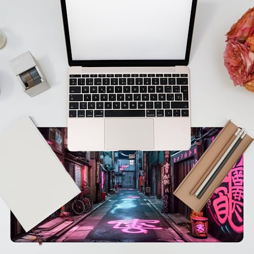 Desk Pad, Anime City Street Scene Desk Mat, Pink Neon Street Large Gaming Mouse Pad for Desk, 31.5"x15.7" Extended Big Computer Keyboard Mouse Pad with Non-Slip Base and Stitched Edge - color: Anime City Street Scene