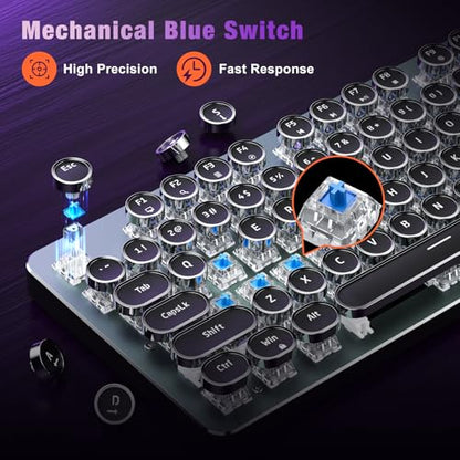 Typewriter Wired Mechanical Gaming Keyboard, Blue Switch LED Backlit | Metal Panel, Retro Punk Round Keycaps, 104 Keys Wired Keyboard for PC Laptop Mac Gamer, LED Rainbow Backlit,RisoPhy