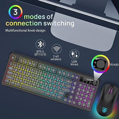 KOLMAX BT98 Wireless Keyboard and Mouse Combo,Triple Mode 2.4G/Wired/Bluetooth Gaming Keyboard and Mouse,Rechargeable Ergonomic RGB Backlit Light Up Keyboard Mouse with Knob for PC/Mac/Tablet - color: BT98 Black
