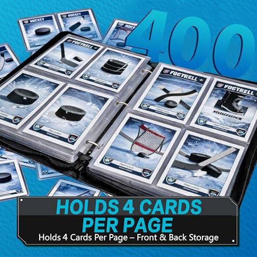 Hockey Card Binder with Sleeves, 4-Pocket Portable Card Protectors Album Holder Book with Zipper, Fits 400 Cards with 50 Removable Sleeves, Hockey Cards Display Storage Carrying Case - color: Hockey-400 cards