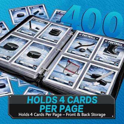 Hockey Card Binder with Sleeves, 4-Pocket Portable Card Protectors Album Holder Book with Zipper, Fits 400 Cards with 50 Removable Sleeves, Hockey Cards Display Storage Carrying Case - color: Hockey-400 cards