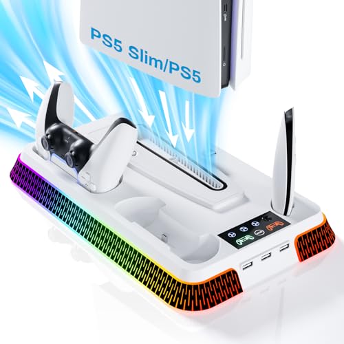 PS5 Cooling Station and PS5 Stand with RGB Controller Charging Station for PlayStation 5 Console, Controller Charger, Cooling Stand, PS5/Slim/Pro Accessories Kit with 3 Level Cooler Fan - color: piano-white
