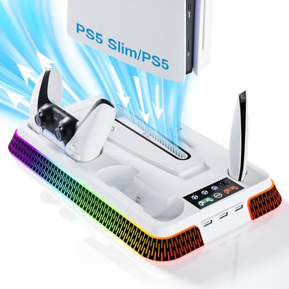 PS5 Cooling Station and PS5 Stand with RGB Controller Charging Station for PlayStation 5 Console, Controller Charger, Cooling Stand, PS5/Slim/Pro Accessories Kit with 3 Level Cooler Fan - color: piano-white