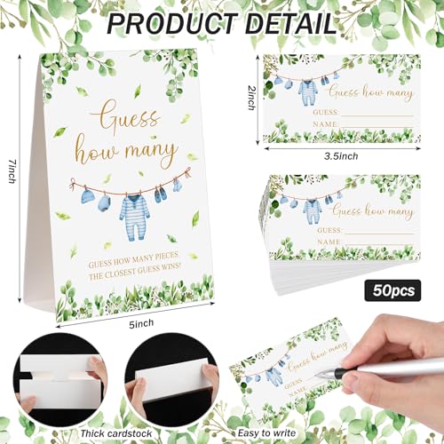 Blue Clothes Guess How Many Baby Shower Game Pack of 1 Tabletop Sign with Stand and 50 How Many Cards, Eucalyptus Gender Reveal Party Game Decorations - style: Eucalyptus
